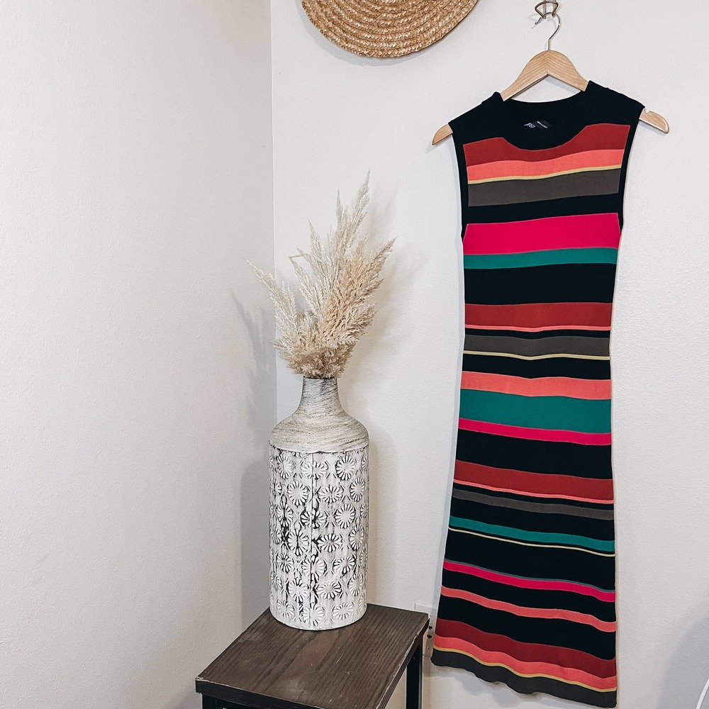 New York & Company Rainbow Boho Striped Knit Bodycon Maxi Dress Size XL